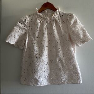 Sezane France Eyelet Designer White Blouse Gathered High Collar size 36/4 EUC